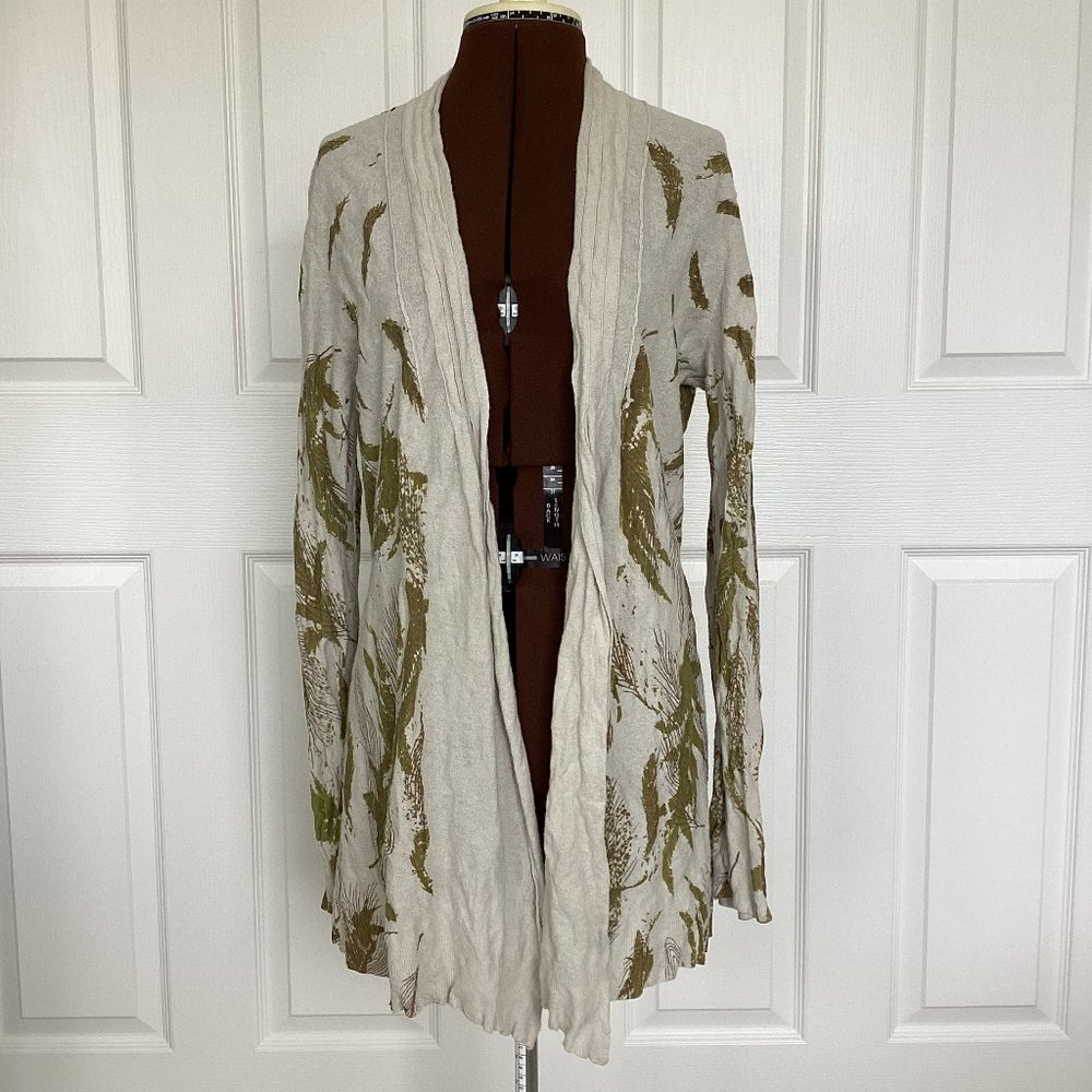 Taupe Cotton Cardigan with Feather Print